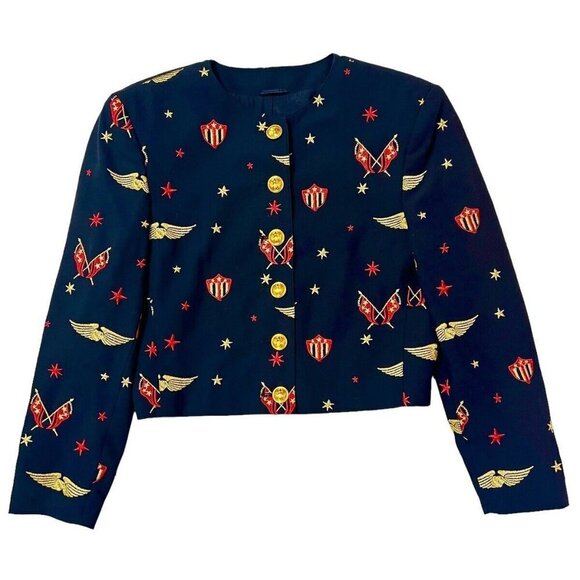 MONDI Cropped Blazer Sz 34 Germany Small Navy Blue Wings Pilot Crest 80s 90s VTG - Picture 1 of 11